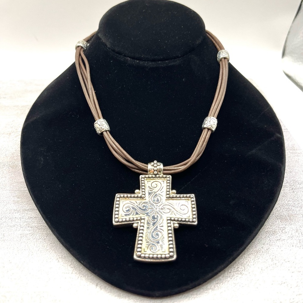 Cross Necklace Premier Designs Cheyenne Brown Leather Cord Silver Plated